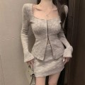 Square-neck knitted long-sleeved top + high-waisted hip-wrapped short skirt set